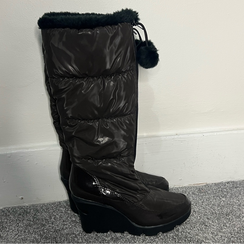 Chocolate Brown Quilted Knee-High Boots with Pom Poms - Picture 4 of 8